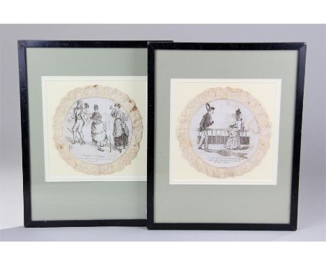 Pair of Harriet Churchyard Victorian doilies, circa 1880's, pen work,the first 'Croquet on the sands' the second 'Coming even