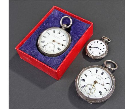 Three silver pocket watches, each with enamel dials, (3)