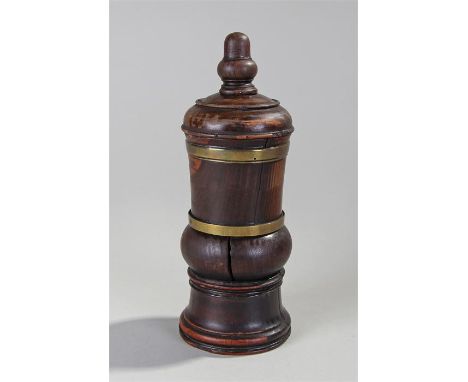 George III lignum vitae coffee grinder, with a turned knob above a baluster body, two brass straps, internal grinder with scr