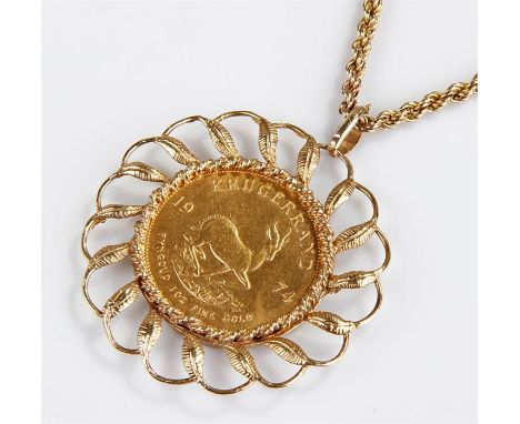 Krugerrand 1974, housed within a a yellow metal mount and a 9 carat gold chain, total weight 51.2 grams