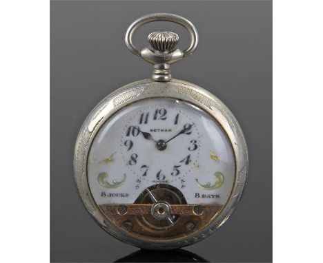 Hebdomas silver plated pocket watch, signed to the white enamel dial Gotham, with show escapement, crown wound, 50mm wide