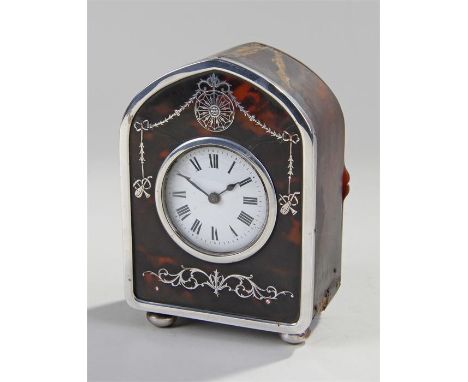 Edwardian tortoiseshell and silver mounted timepiece, silver assayed London 1908, maker HA & Co, the lancet case with silver 