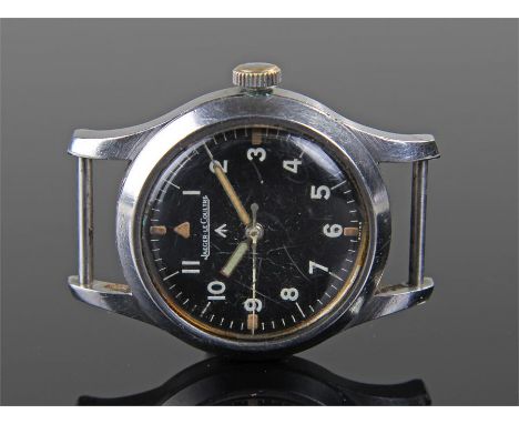 Rare Jaeger LeCoultre stainless steel British Military mark 11 wristwatch, dated 1948, the gloss black dial with applied Arab
