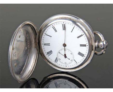 Victorian silver hunter pocket watch, with applied outer yellow metal monogram, the white enamel dial with roman hours, subsi