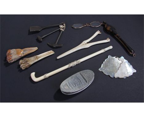 Collection  of works of art, to include a Welsh miners tobacco box, a pair of lorgnettes, a mutton bone apple corer, bone ani