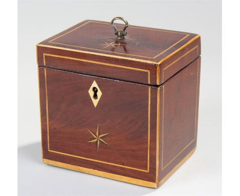 George III mahogany and boxwood strung tea caddy, of small proportions, with a star inlaid top and front, interior removable 
