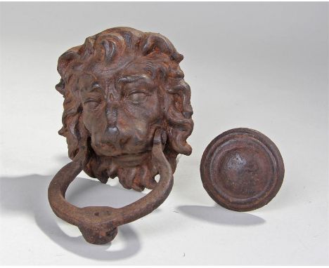 Victorian iron lion mask door knocker, the lion holding the loop knocker in his mouth, 19cm high