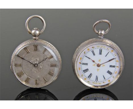 Two Victorian silver open face pocket watches, one with a silvered dial and the other with an enamel dial, (2)