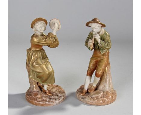 Pair of Royal Worcester porcelain figures, of  boy playing an instrument, number 1803 and a lady playing a tambourine, 15.5cm