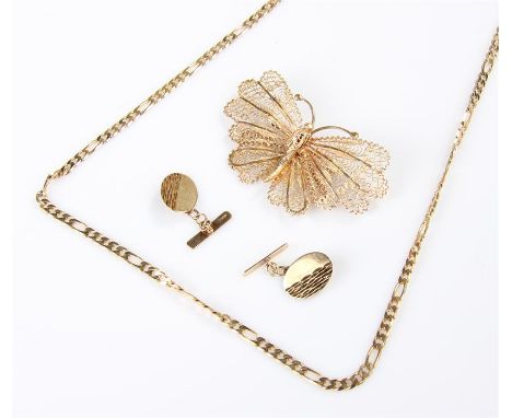 9 carat gold jewellery, to include a butterfly brooch, a pair of cufflinks and a chain, gross weight 19.4 grams