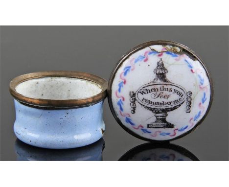 18th Century Bilston enamel snuff box, the white enamel lid with blue urn, with the text 'When this you see remember me', wit