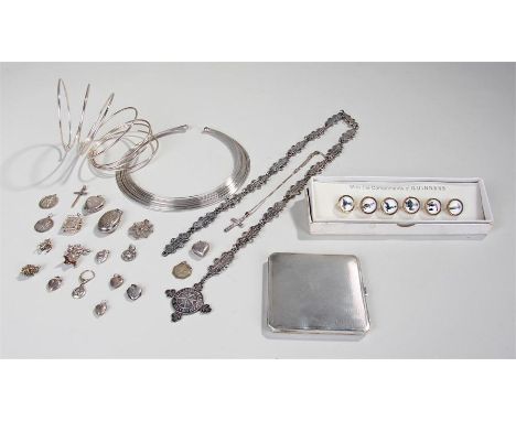 Silver jewellery, to include a silver compact, a bangle, a collar, pendants, crosses also included a set of Guinness buttons,