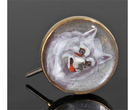 Dog head Essex crystal stick pin, the white fur dog with tongue out and wide eyes, 15 carat gold mount, 21mm diameter