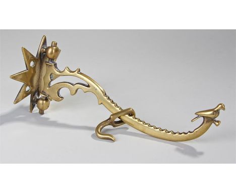 19th Century brass chimney crane, with star wall mount arched bracket arm with bird finial, adjustable hook, 26cm deep
