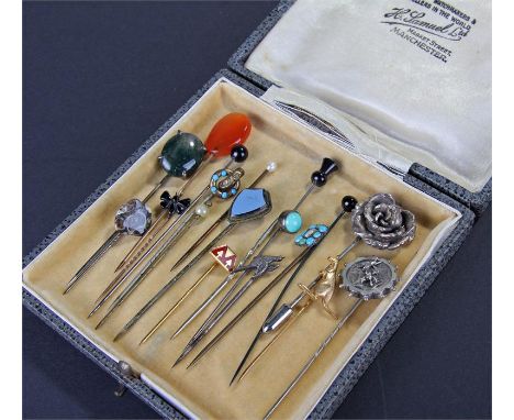 Collection of stick pins, to include a Victorian silver example, stone set examples, animals, etc, (18)