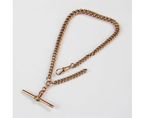 9 carat gold pocket watch chain, with T bar and clip, 33cm long, 42.9 grams