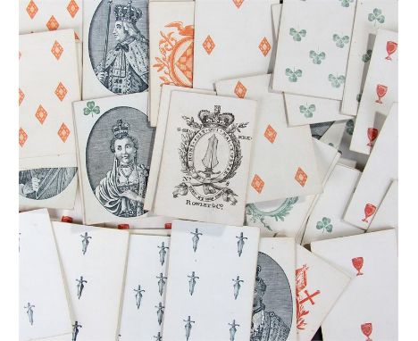 Set of late 18th Century Rowley & Co playing cards, the suits are diamonds, chalice, sword and clover leaf, 52 of 52, 91cm hi