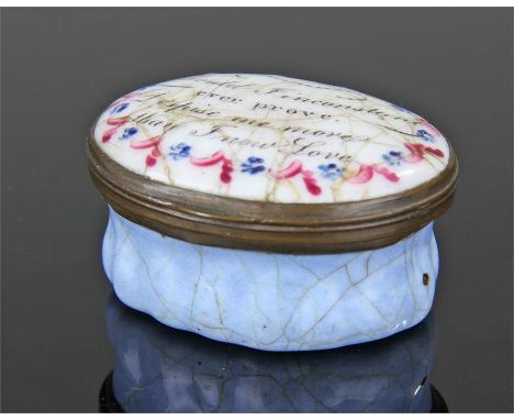 Late 18th Century Bilston enamel patch box, with the text 'Should I inconstant ever prove, despise me more that I now Love' w