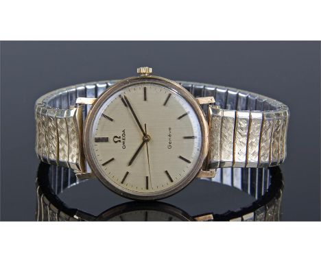 Omega Geneve 9 carat gold gentleman's wristwatch, the champagne dial with baton hours, manual wound, presentation inscription