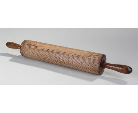 19th Century ash rolling pin, with shaped handles and cylinder roller, 60cm long