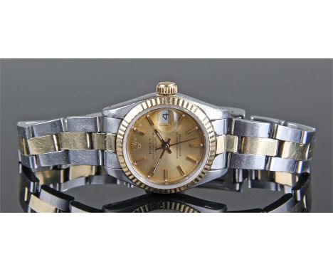 Rolex Oyster perpetual date just ladies bi-metal wristwatch, the gilt dial with baton hours, magnified date aperture, numbere