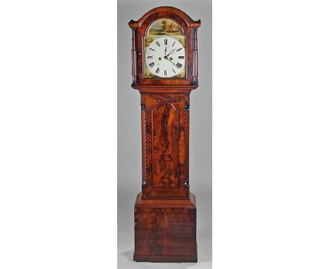 Victorian mahogany Longcase clock, the domed hood above a arched glazed door, flanked with half columns, the arched painted d