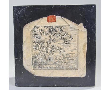 Unusual pietra dura panel, with an inlaid manuscript showing a lady seated by a tree near a building, 24cm x 24cm