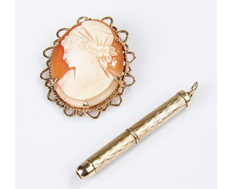 9 carat gold tooth pick, with engine turned case and thread pick, together with a 9 carat gold mounted cameo, (2)