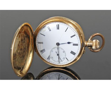 18 carat gold Hunter pocket watch, the plan outer case enclosing a white enamel dial, subsidiary seconds dial, crown wound, 5