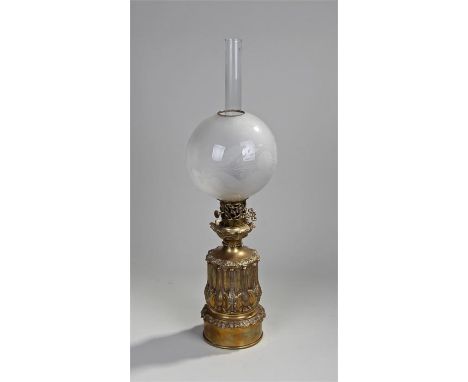19th Century Colza oil lamp, the etched frosted shade above a brass base with flowers and leaf design, 65cm high
