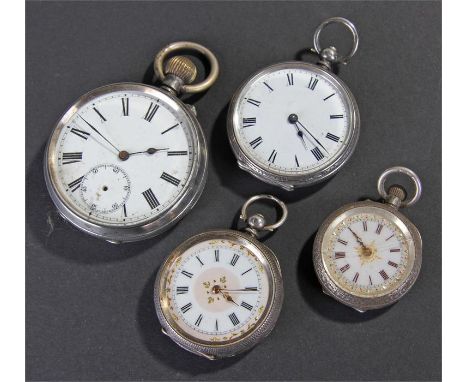 Mixed silver pocket watches, each with white enamel dials, four in total, (4)