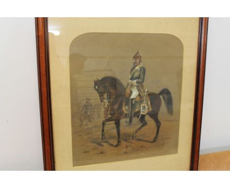 Mid-19th century Victorian gouache portrait of an Indian Cavalry Officer on horseback, wearing spiked helmet with turban band