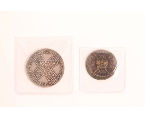 G.B. George II 1746 Lima Half Crown and James II Nov. 1689 'Gunmoney' Shilling.  Both AVF (2 coins)