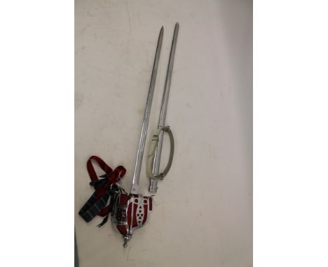 Scottish Regimental-type Claymore sword with plated basket hilt and etched fullered blade in plated scabbard