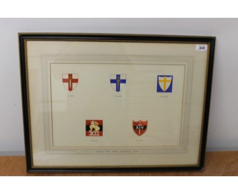 Second World War watercolour - Army emblems of the 1st, 2nd, 8th, 12th and 14th Army, mounted in glazed frame with note on mo