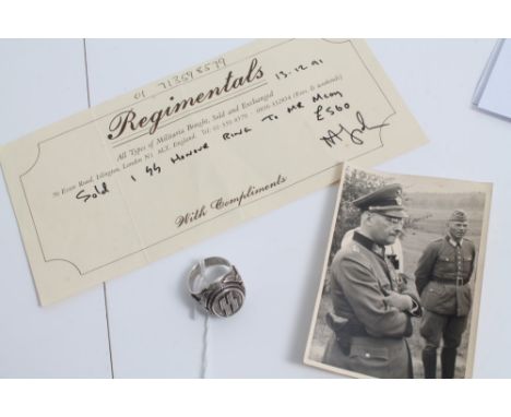 German silver (marked 800) SS Honour ring, engraved on inner edge - 'Emil Horing 13.6.1938'.  Sold with photograph of SS Grup