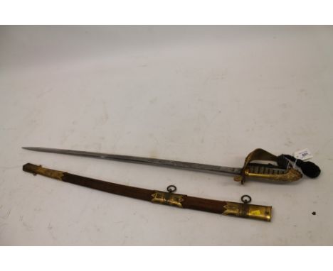 Good Victorian British Naval Flag officers' sword with gilt copper Gothic hilt and lion's head pommel retaining nearly all or