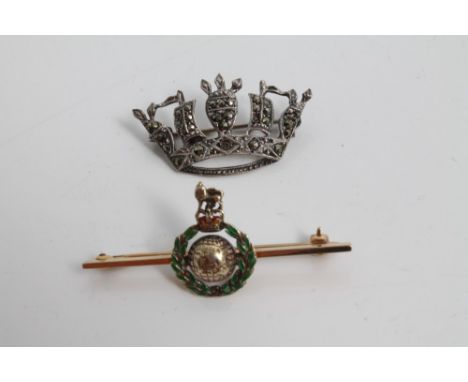Ladies' gold (9ct) and enamel Royal Marines sweetheart bar brooch with regimental badge decoration and silver and marcasite M