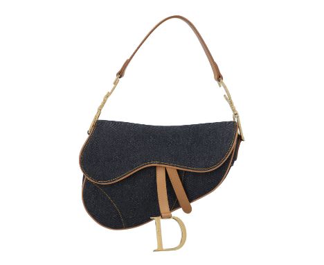CHRISTIAN DIOR Schultertasche "SADDLE BAG". Koll. 2011. Denim Serie mit Details aus hellbraunem Leder und goldfarbener Hardwa