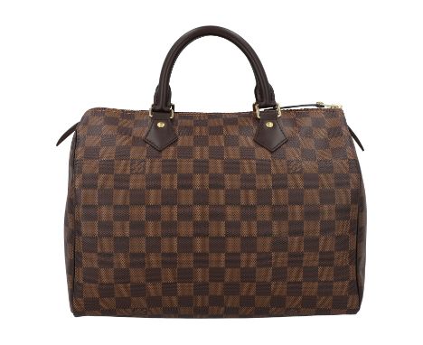 LOUIS VUITTON Handtasche "SPEEDY 30". Koll. 2021. Damier Ebene Canvas Serie mit dunkelbraunem Glattleder und goldfarbener Har