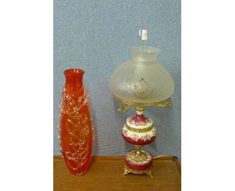 A French table lamp and orange glass vase