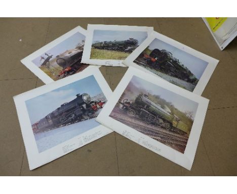 A set of five steam engine prints, unframed