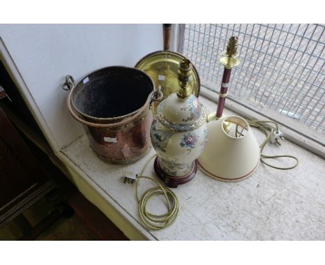 A brass and copper log bin, a warming pan, a Chinese table lamp and another table lamp