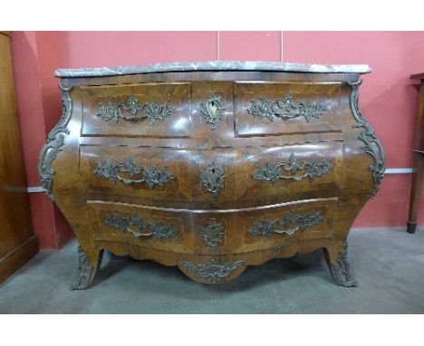 A French Louis XV style rosewood and marble topped bombe commode