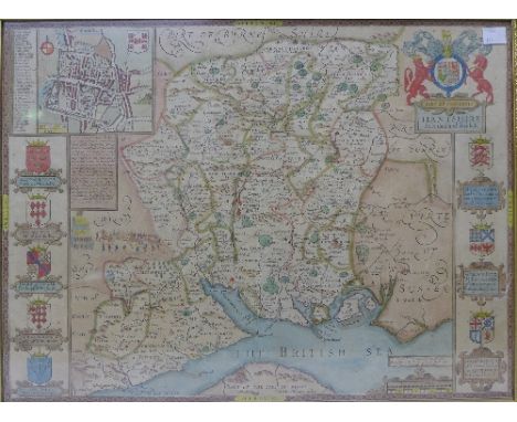 A 17th Century Jodocus Hondius map of Hantshire, Corrected and Sold by Christopher Browne at the Globe near West end of S. Pa