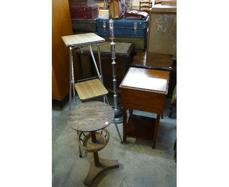 A sewing box, a chrome lamp, two stands, a trolley and assorted boxes