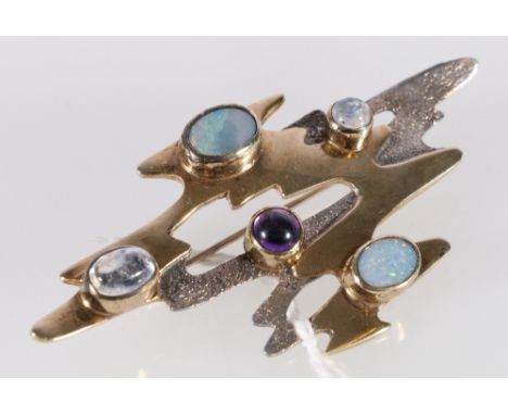 Modernist silver brooch set with opal, amethyst and moonstones, makers marks PB, 6cm wide 