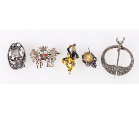 Silver pennanular Celtic brooch, a silver longboat decorated brooch, silver beetle brooch, 'Ypres' brooch and a Highland danc