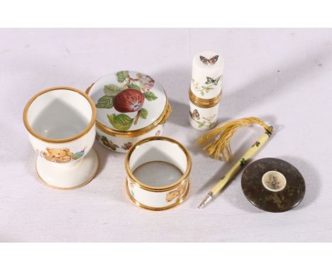 Kingsley Enamels Teddy Bear pattern egg cup and napkin ring, a Staffordshire Enamels Butterfly pattern needle case, Portmeiri