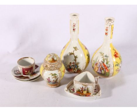 A group of eight Dresden porcelain items including a pair of bottle vases, ginger jar and cover, teacups and saucers etc, (8)